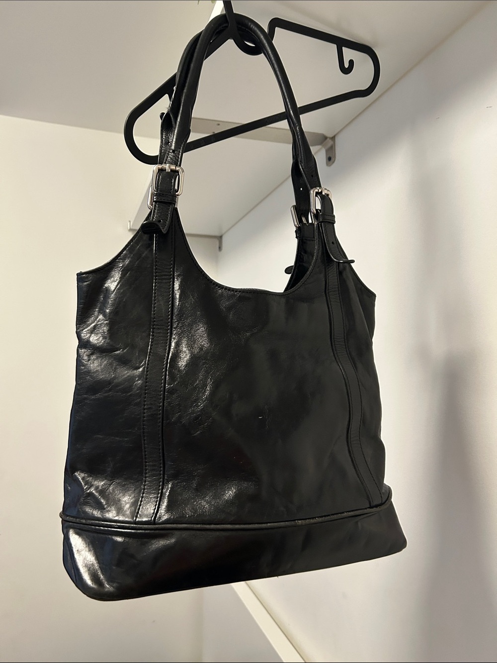Danier Black Leather Shoulder Bag with Buckle Straps